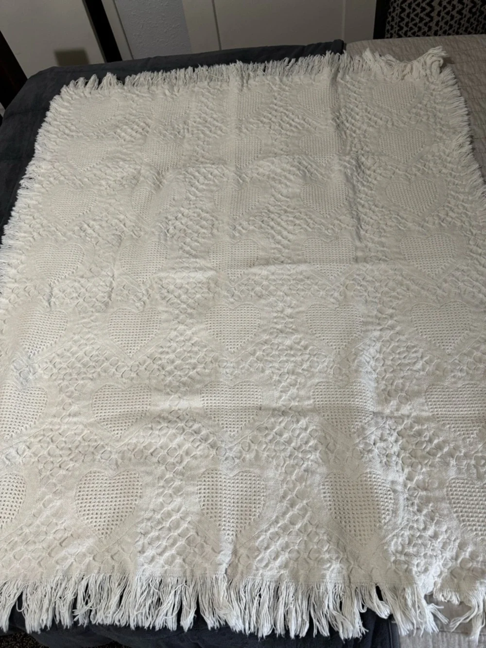 Cream knit heart throw blanket crotchet